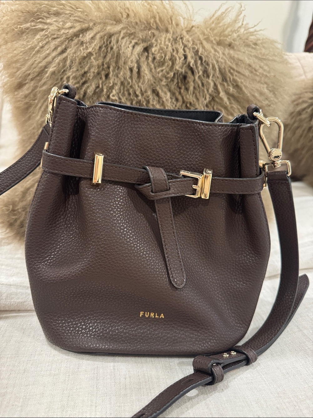 Furla Chocolate Brown Pebbled Leather Drawstring Crossbody. Used twice like new.